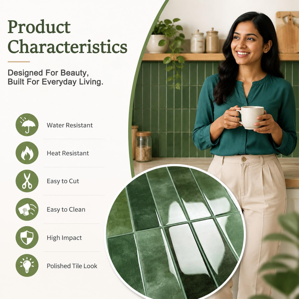 HASTHIP 10-Piece Green Peel-and-Stick Backsplash Tiles, Waterproof and Oil-Resistant