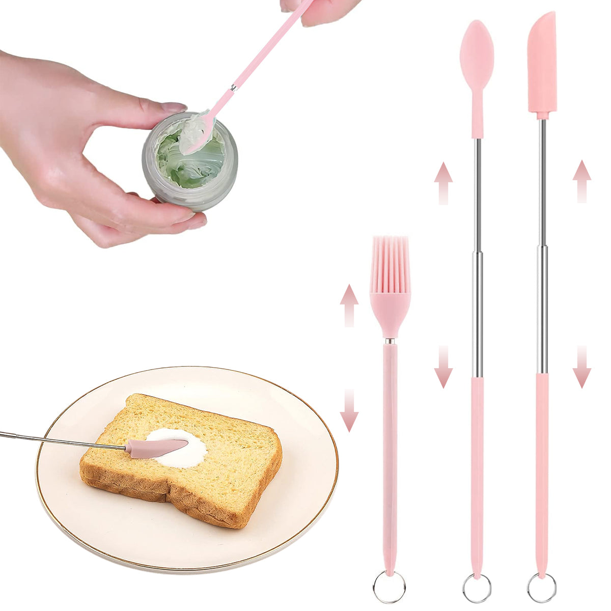 HASTHIP® 3Pcs Kitchen Mini Silicone Scooping Tools Telescopic Tiny Spoon Spatula for Jam Jars, Lotion Bottles, Utility Food-Grade Silicone Spatula Scoop and Brush