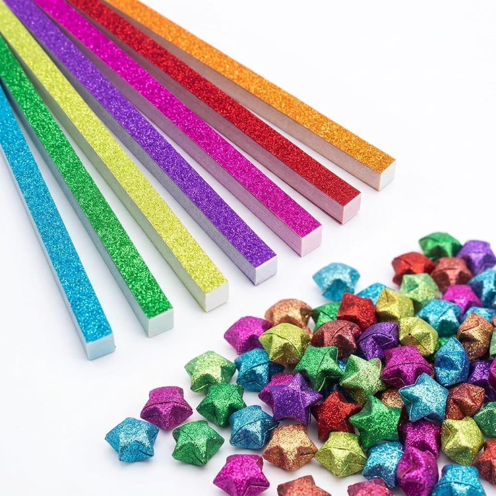 HASTHIP 520 Origami Star Paper Strips in 7 Flash Diamond Colors for DIY Crafts and Decor