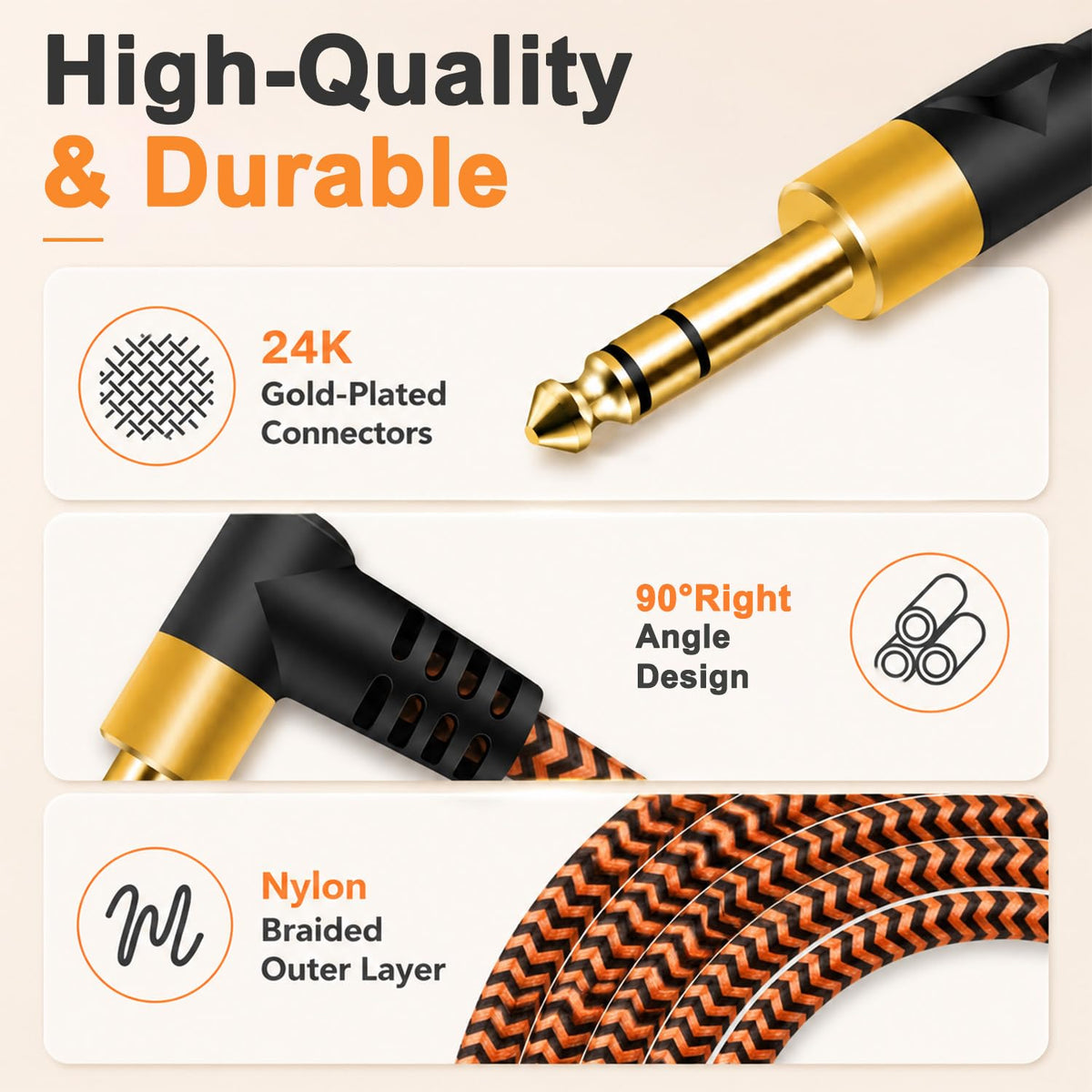 HASTHIP 3m 6.35mm TRS Instrument Cable with Dual Right-Angle Plugs and Braided Nylon Jacket