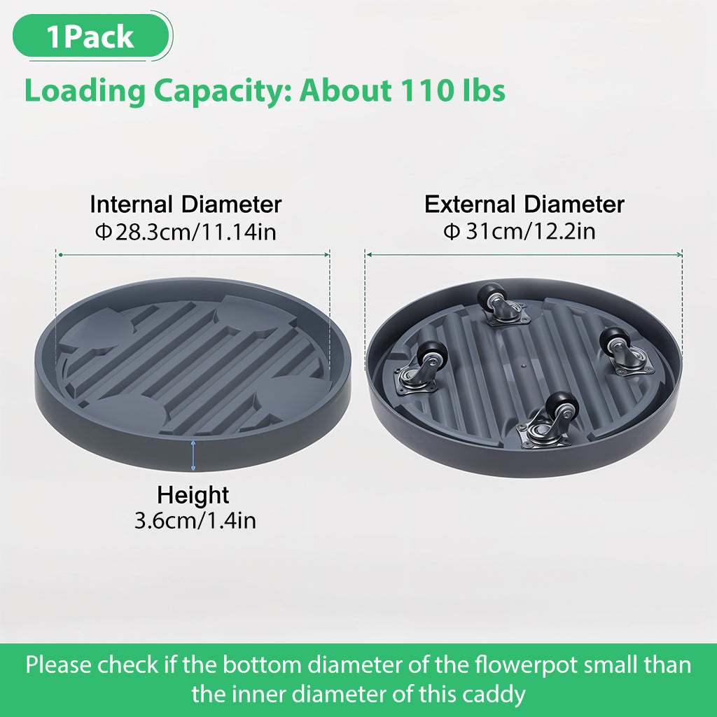 HASTHIP® Plant Caddy 28.3cm Dia Moving Plant Tray Flower Pot Stand with 4 Hidden Wheels, Grooved Surface Plant Caddy Planter Moving Tray