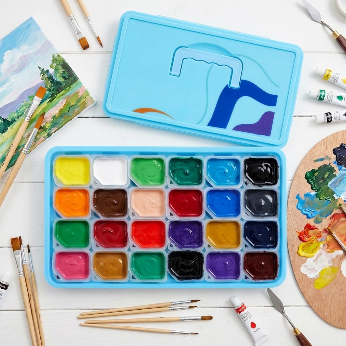 HASTHIP 24-Color Gouache Paint Set with 30 ml Jelly Cups and Portable Hard Case for Art Students