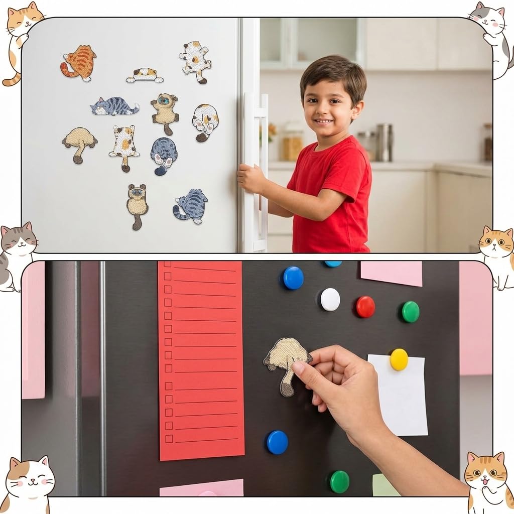 HASTHIP 16PCS Cartoon Kitty Diamond Art Fridge Magnet Kit with Rhinestones for Kids and Adults