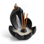 HASTHIP 10cm Lotus Incense Burner, Black Resin 4-Hole Stick Holder with Backflow Effect
