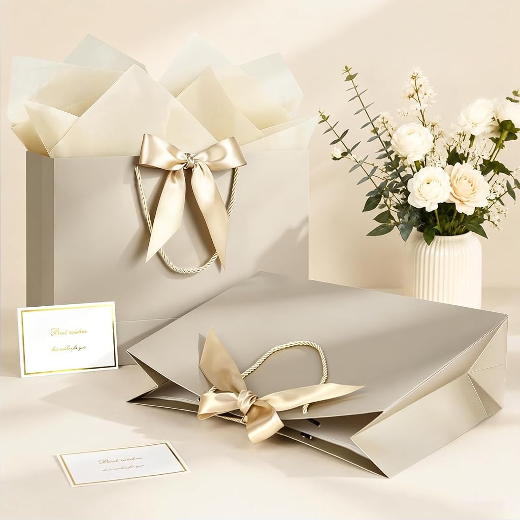 HASTHIP 2 Pack Medium Gift Bags with Tissue Paper, Ribbons and Greeting Cards for Celebrations