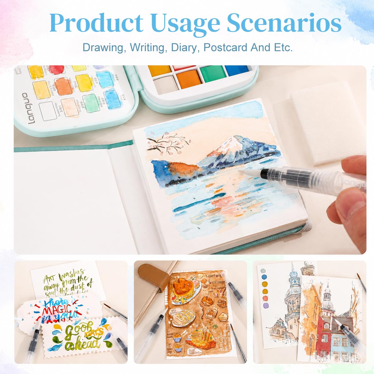 HASTHIP Mini Watercolor Paint Set, 16 Colors, Pocket Kit with 300GSM Cotton Paper and 4 Brushes