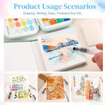 HASTHIP Mini Watercolor Paint Set, 16 Colors, Pocket Kit with 300GSM Cotton Paper and 4 Brushes