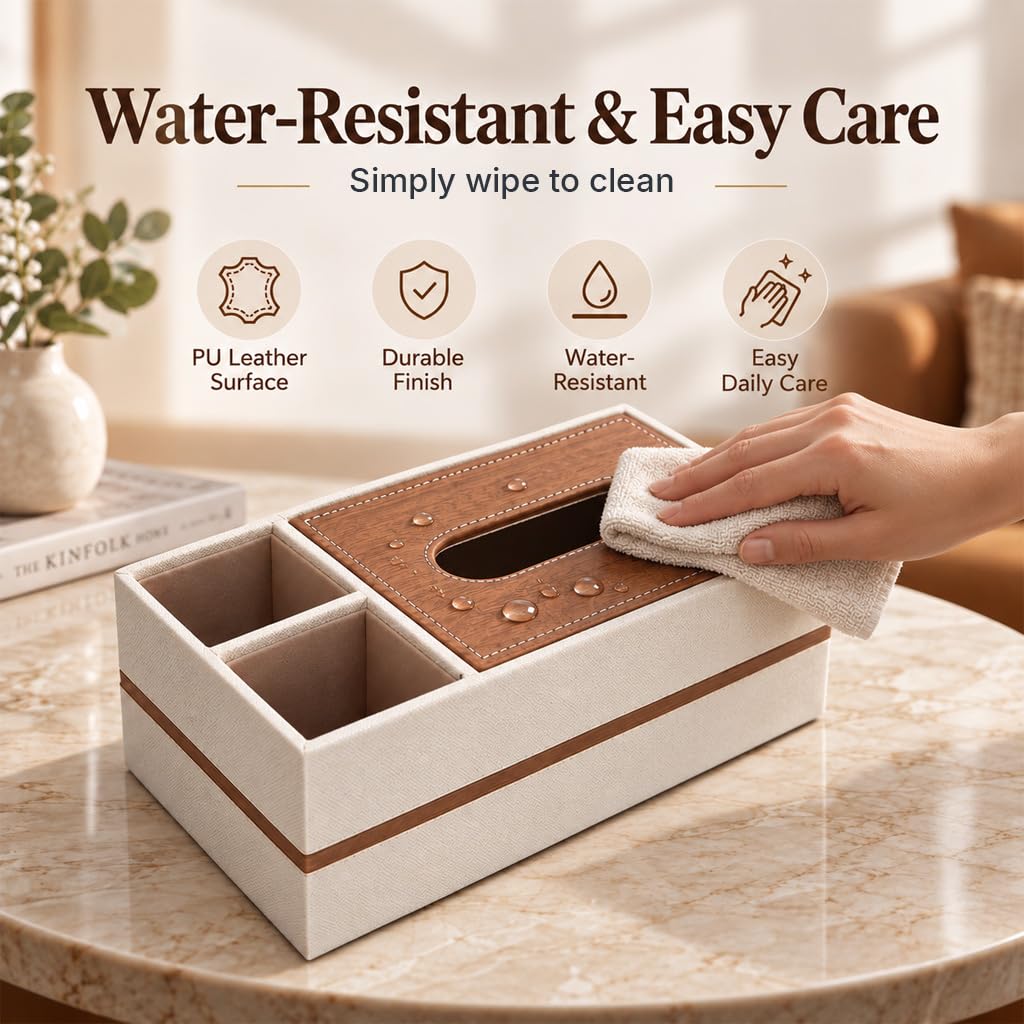 HASTHIP Rectangular PU Leather Tissue Box Cover with Remote Compartments, 9.4 x 5.1 x 3.5 Inches