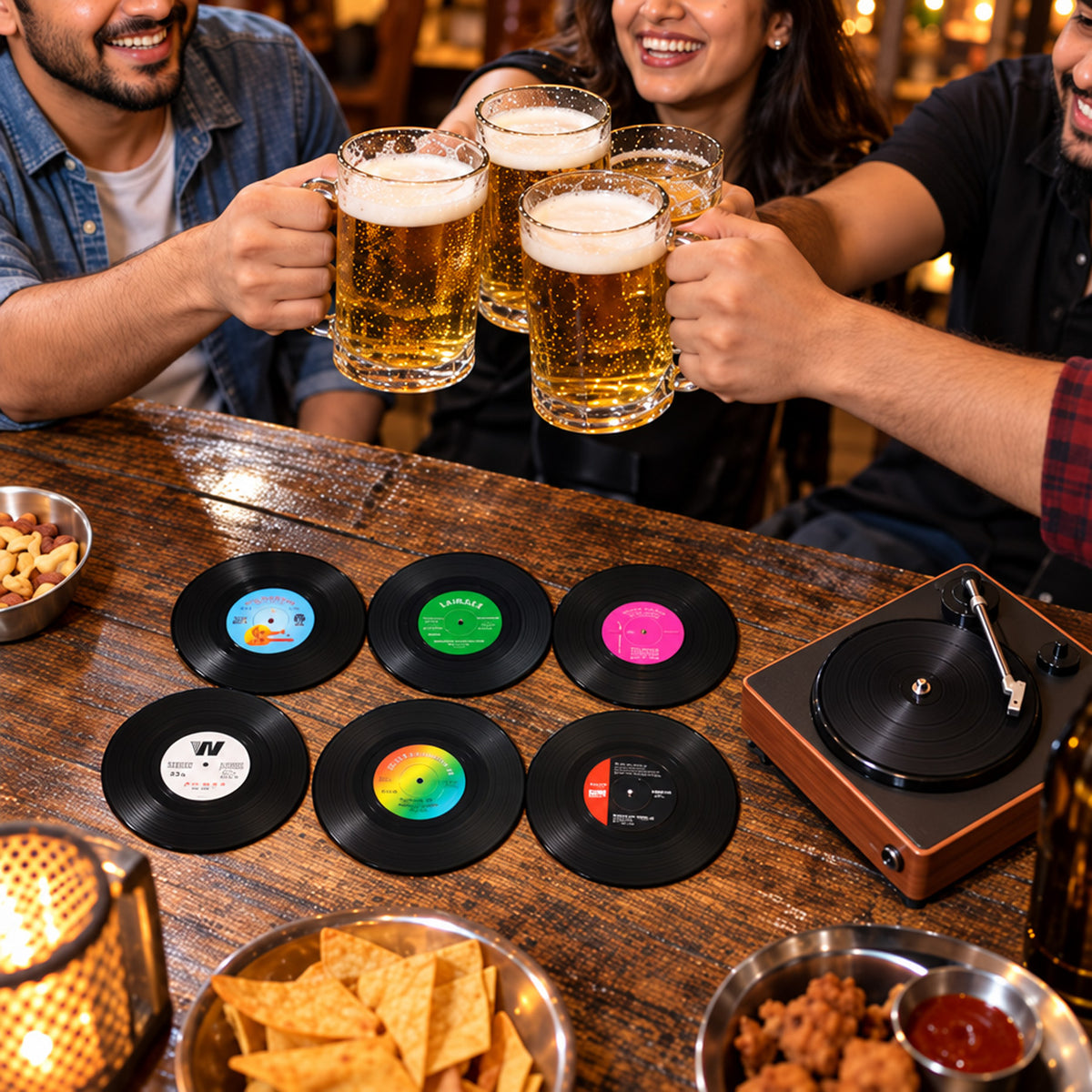 HASTHIP Retro Vinyl Record Coaster Set with Six 10cm Coasters and Record Player Holder