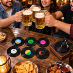 HASTHIP Retro Vinyl Record Coaster Set with Six 10cm Coasters and Record Player Holder