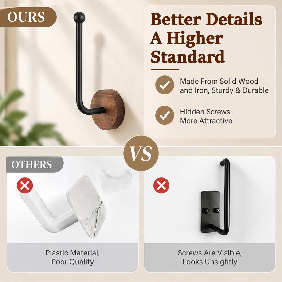 HASTHIP L-Shaped Wood and Metal Wall Hat Hooks with Hidden Screw Mounting for Caps and Hair Accessories