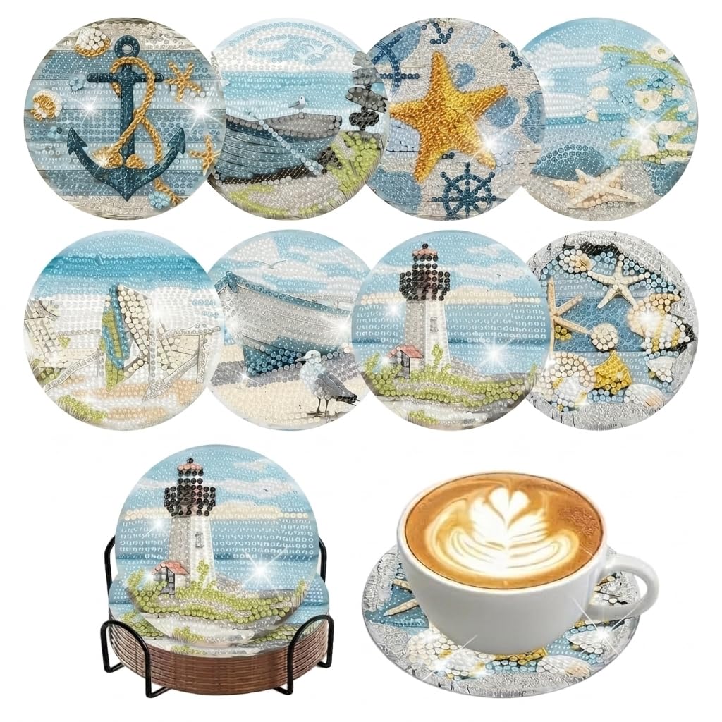 HASTHIP Diamond Painting Coaster DIY Kit with Beach Designs and Included Holder for Home Decor