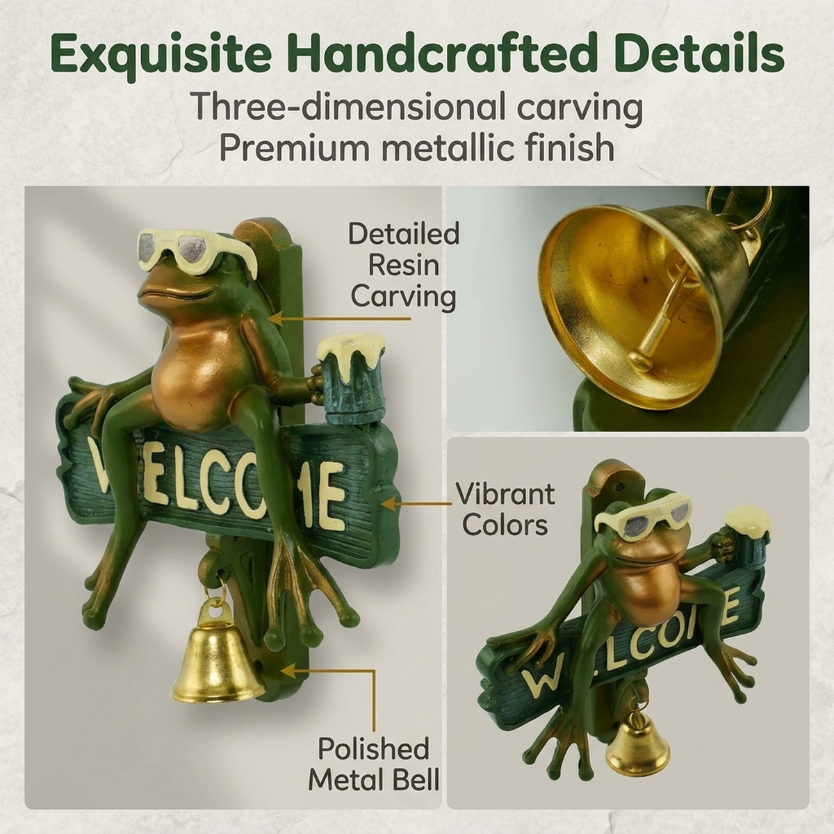 HASTHIP Frog Doorbell Sign with Resin Wall Decor, Metal Bell, Pre-Punched Hole, 15x15x5cm