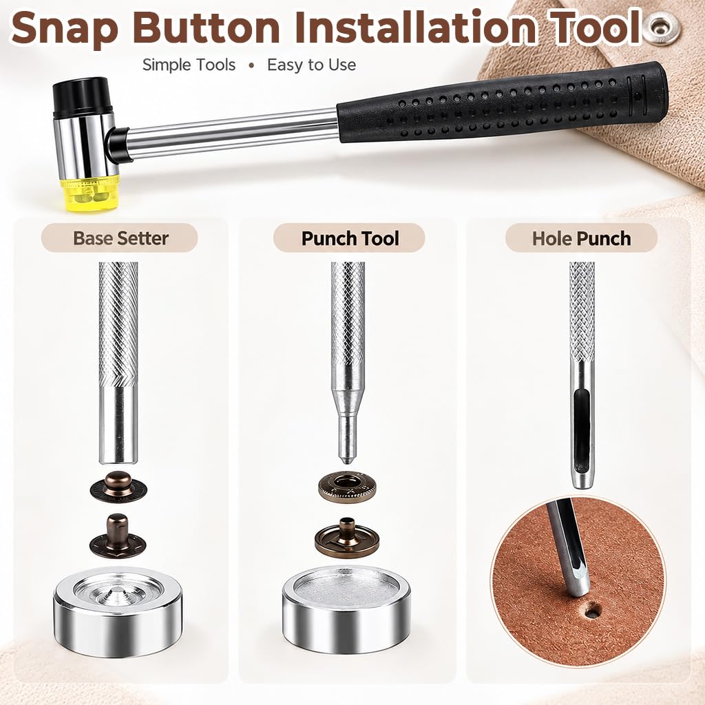 HASTHIP Metal Snap Fastener Kit, 120 Sets of 12.5 mm Snaps in 4 Finishes with Setting Tools and Hammer