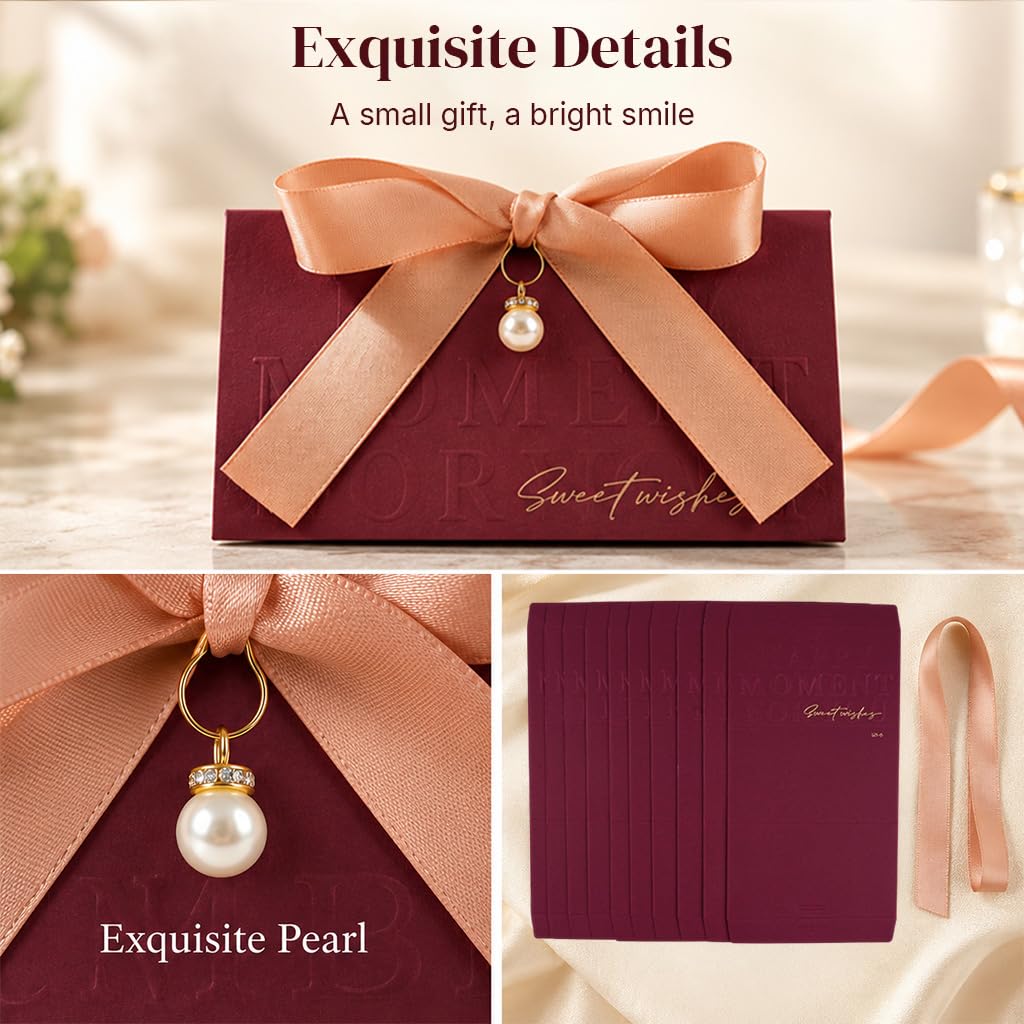 HASTHIP 10-Piece 5.1 x 3 in Favor Boxes with Gold Stamping, Ribbon, Wooden Ring and Pearl Closure
