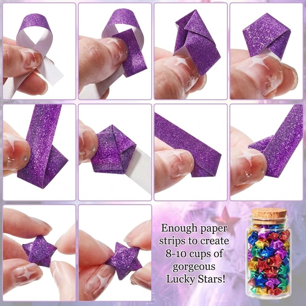 HASTHIP 520 Origami Star Paper Strips in 7 Flash Diamond Colors for DIY Crafts and Decor
