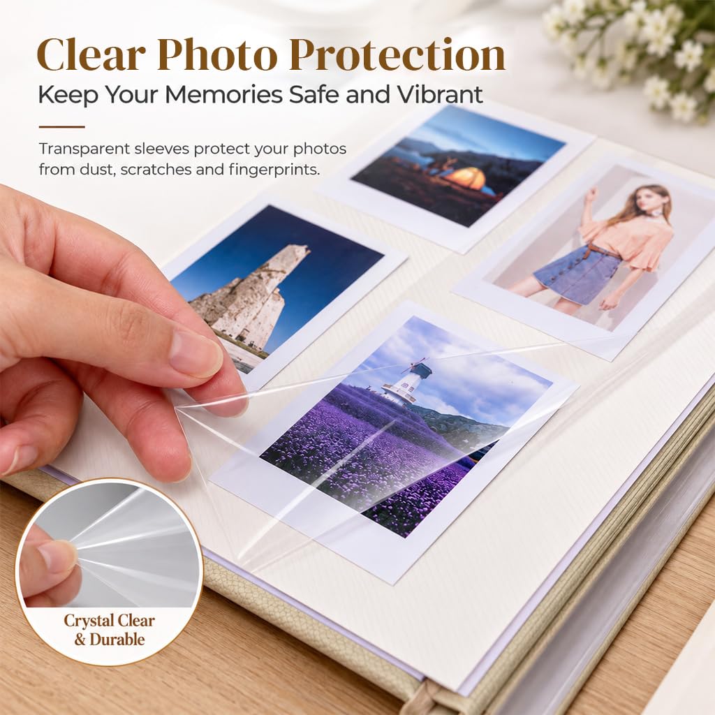 HASTHIP Self-Adhesive Photo Album, 23 x 25 cm, Beige Leather Cover, 20 Sheets, 40 Pages