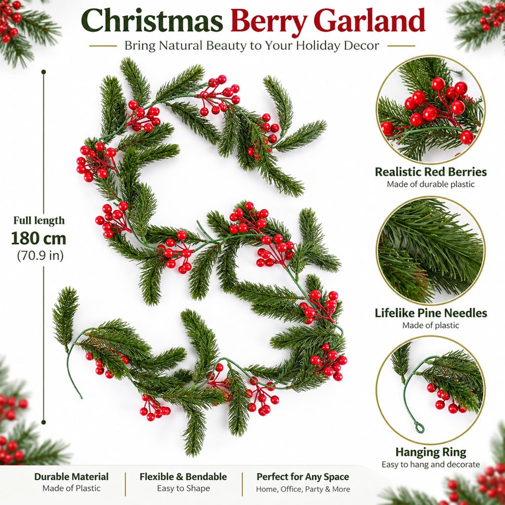 HASTHIP 5.9ft Artificial Pine Christmas Garland with Pine Cones, Flexible Vine and Hanging Rings