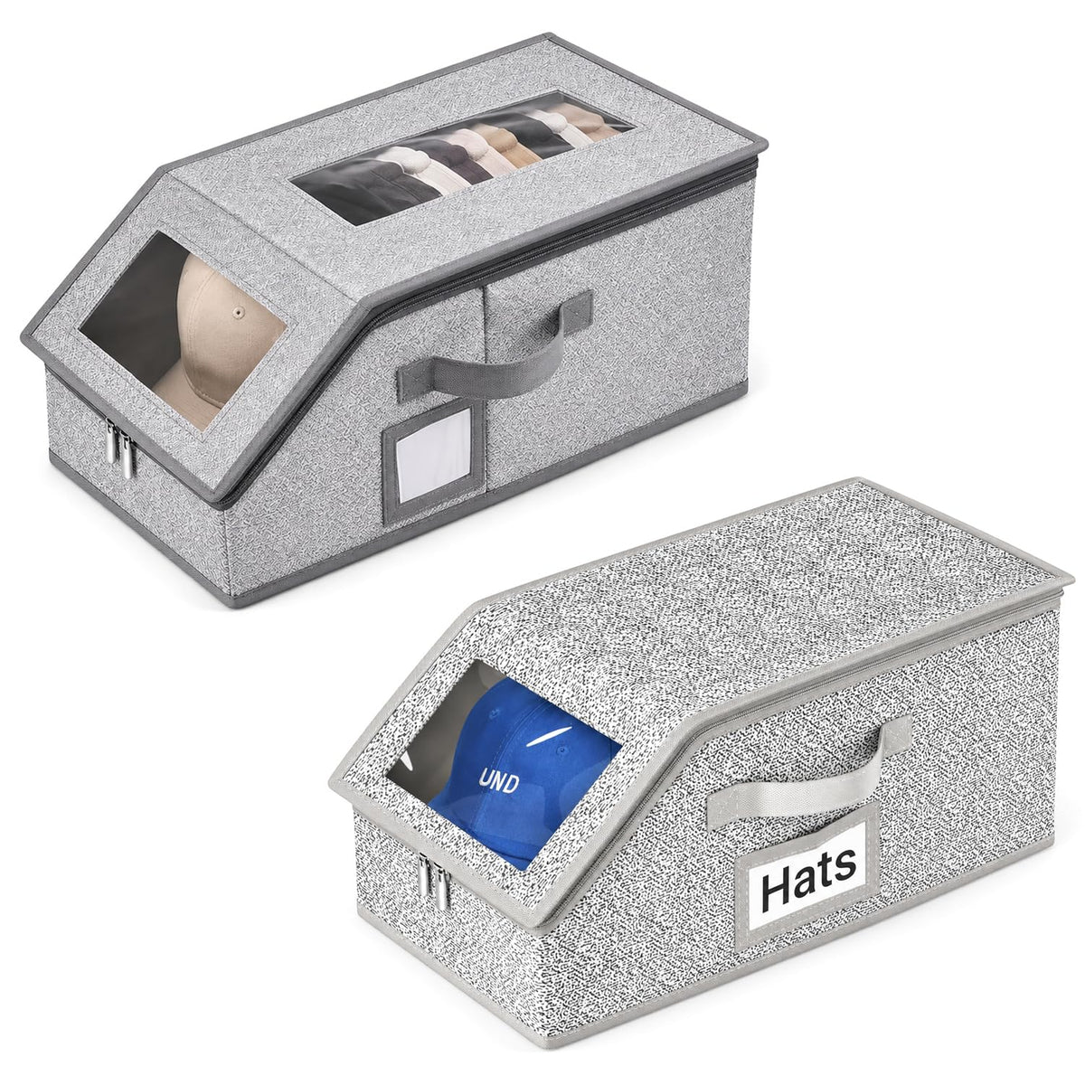 HASTHIP Stackable Baseball Hat Storage Box Set with Clear Windows, Dual Zippers and Side Handles