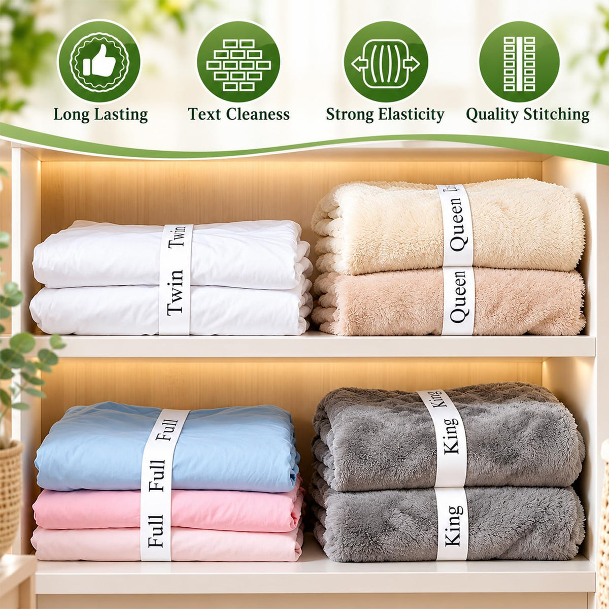 HASTHIP Bed Sheet Organizer Bands, 4-Pack Stretchy Fabric with Twin, Full, Queen and King Labels