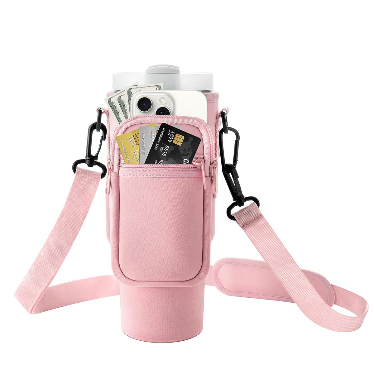 HASTHIP® Water Bottle Carrier Bag for Stanley 40/30 oz Tumbler with Phone Pocket Water Bottle Holder with Strap Neoprene Water Bottle Pouch for Stanley Cup Accessories (Pink)