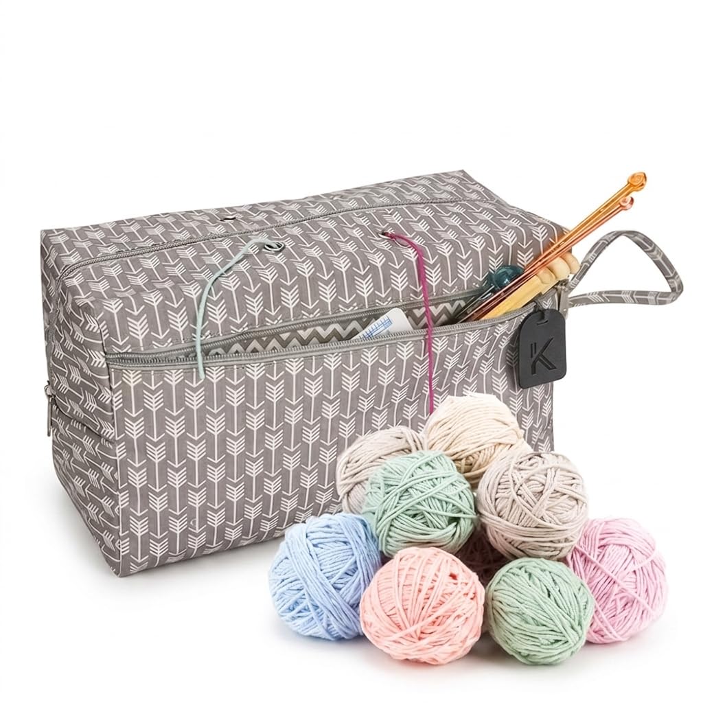 HASTHIP Yarn Storage Organizer Tote with Cotton Fabric, Four Grommets and Separate Accessory Pocket