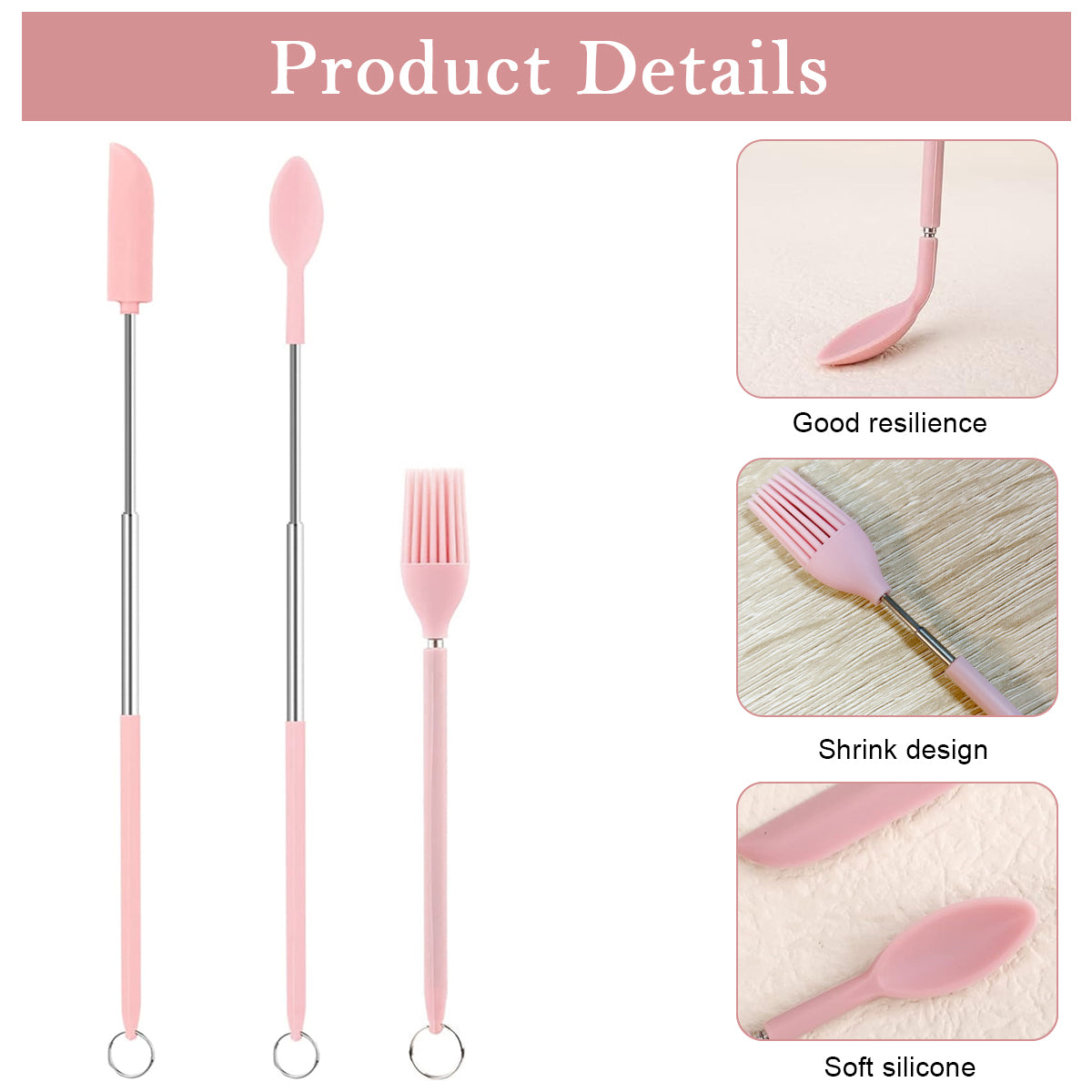 HASTHIP® 3Pcs Kitchen Mini Silicone Scooping Tools Telescopic Tiny Spoon Spatula for Jam Jars, Lotion Bottles, Utility Food-Grade Silicone Spatula Scoop and Brush