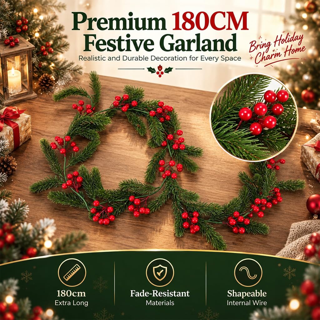 HASTHIP 5.9ft Artificial Pine Christmas Garland with Pine Cones, Flexible Vine and Hanging Rings