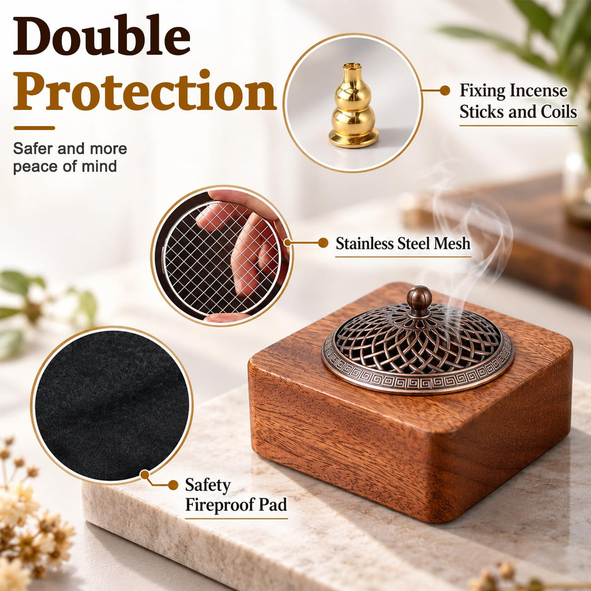 HASTHIP Walnut Wood Incense Burner for Sticks, Coils and Cones with Removable Ash-Collecting Base