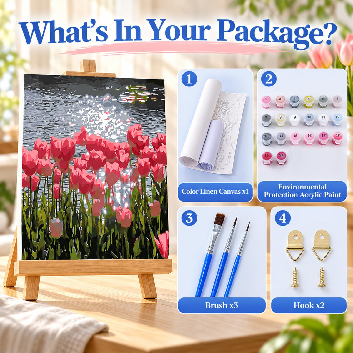 HASTHIP 40x50 cm Tulip Bouquet Paint by Numbers DIY Acrylic Canvas Kit for Adults and Children