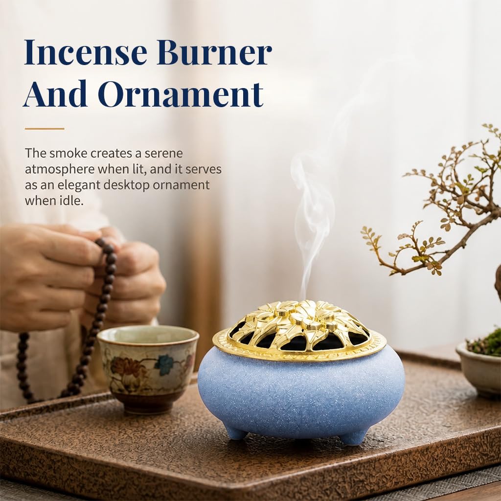 HASTHIP Blue Ceramic Incense Burner with Floral Lid, Mesh Insert and Protective Pad