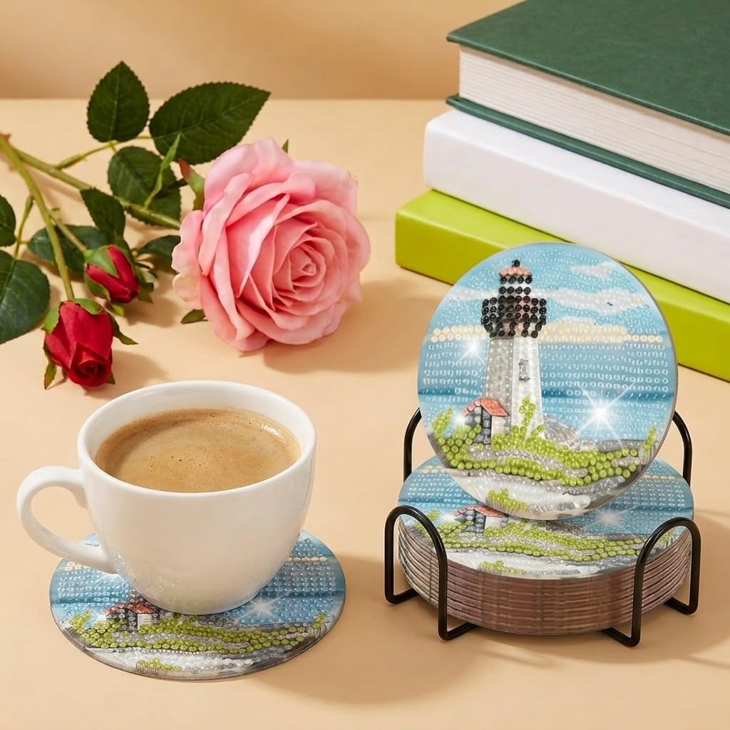 HASTHIP Diamond Painting Coaster DIY Kit with Beach Designs and Included Holder for Home Decor