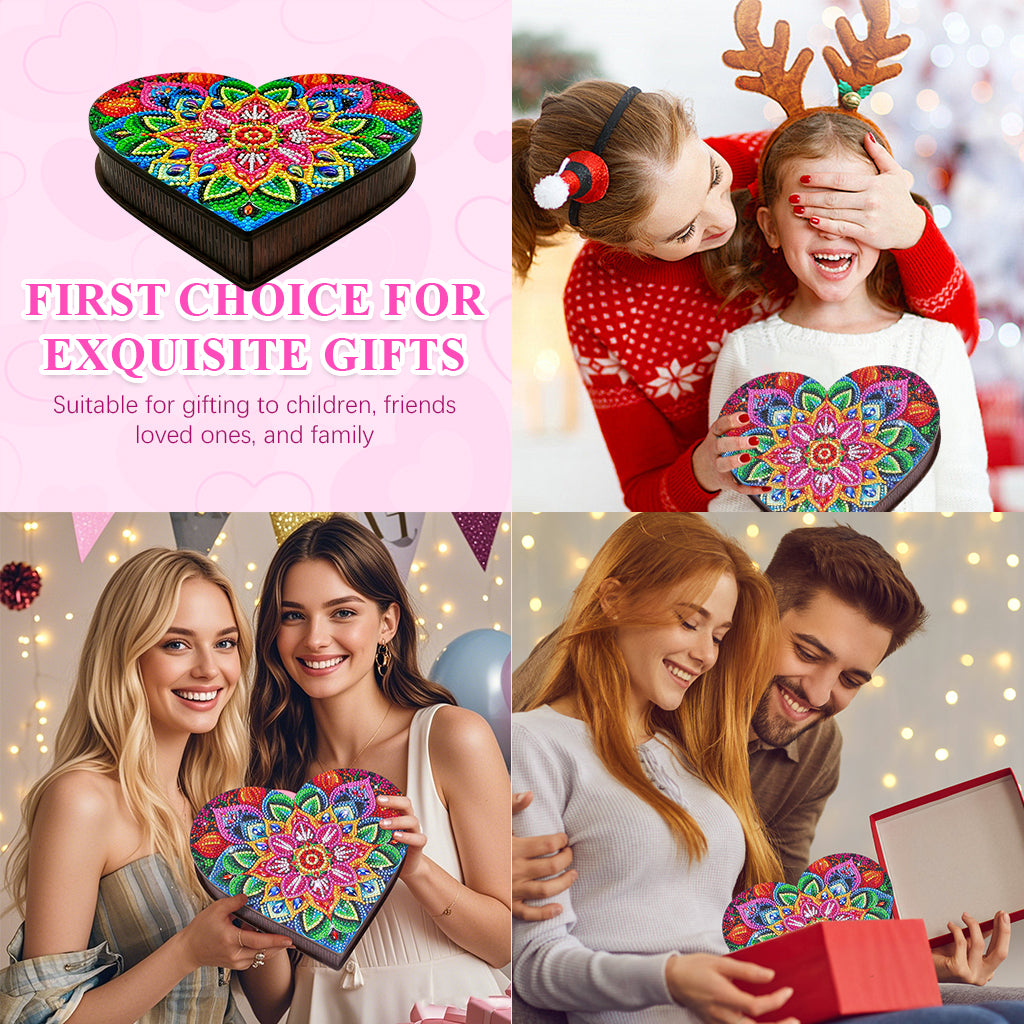HASTHIP® DIY Diamond Paint Art Kit Colorful Mandala Flower Wooden Jewelry Box Assembly Empty Heart-shaped Wooden Storage Organizer DIY Diamond Paint Gift Box Christmas Gift Birthday Gift, 22x20x4cm