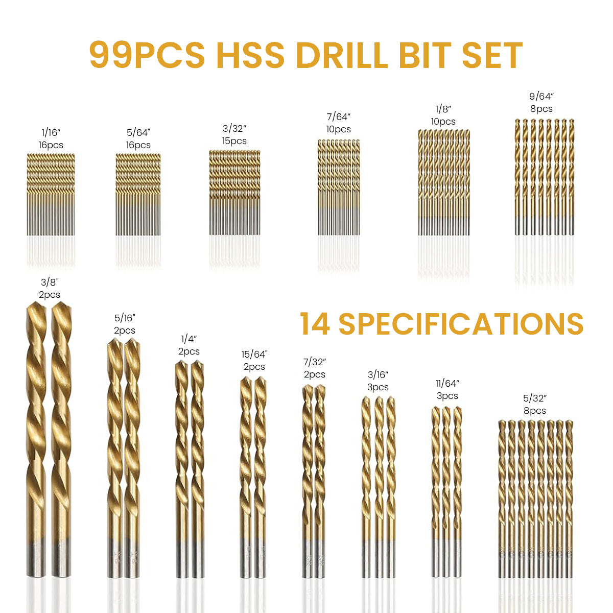 HASTHIP® 99Pcs Drill Bit Set, 135° Tip Titanium Coated High Speed Steel, Twist Drill Bit Kit for Iron,