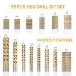 HASTHIP® 99Pcs Drill Bit Set, 135° Tip Titanium Coated High Speed Steel, Twist Drill Bit Kit for Iron,