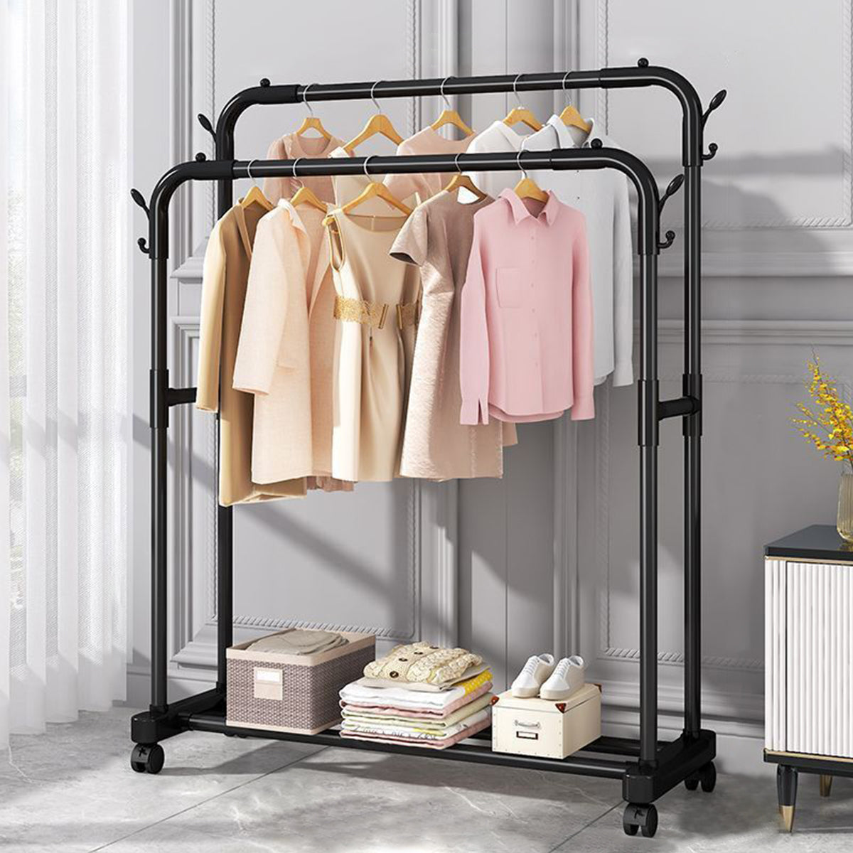 HASTHIP® Garment Organizer Rack Moving Floor Clothes Rack Garment Rack with Wheel Double Layer Metal Clothes Organizer Rack with Utiliy Shoe Rack Multi Purpose Open Garment Organizer Rack