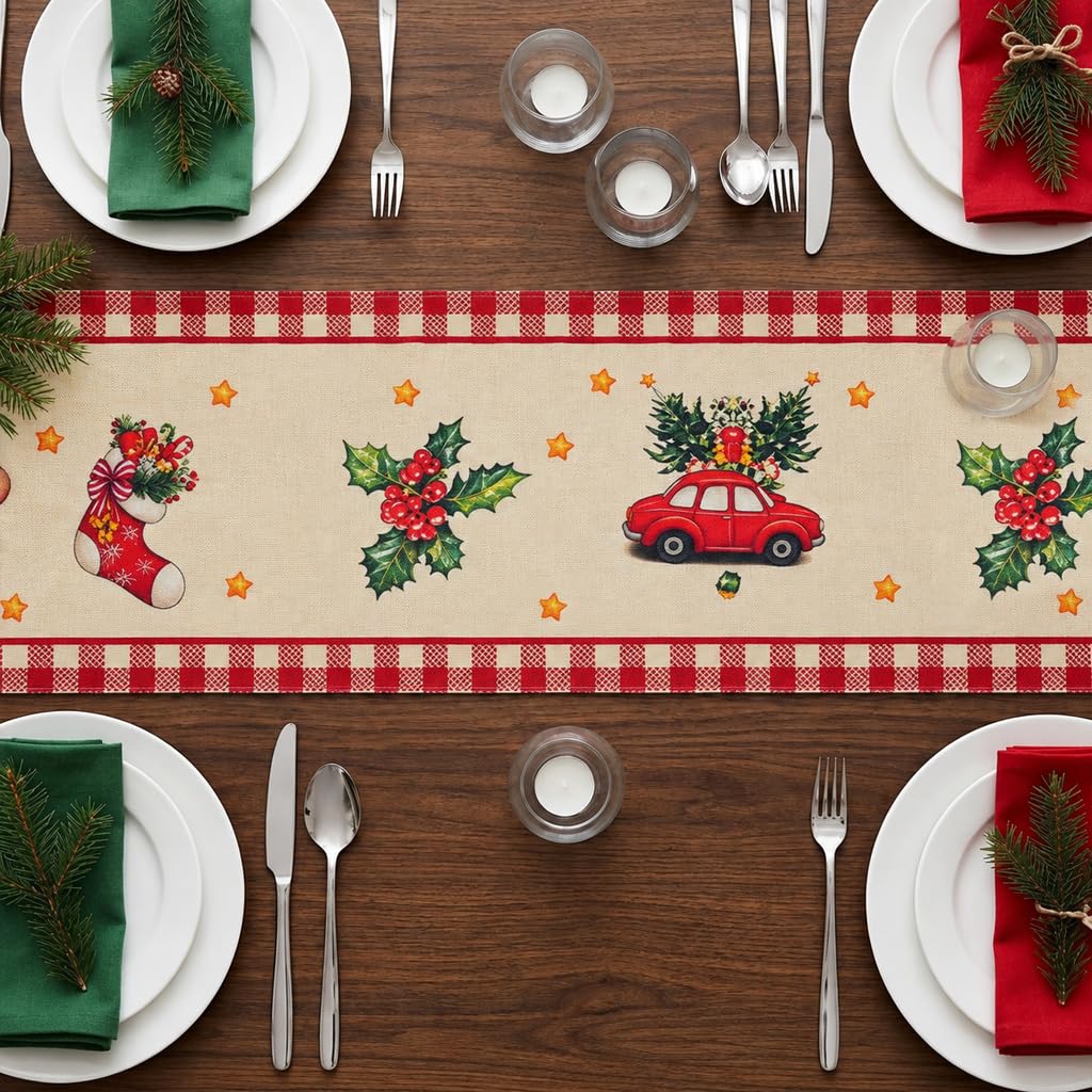 HASTHIP Plaid Snowflakes Christmas Table Runner in Linen Fabric for 4 to 6 Person Tables
