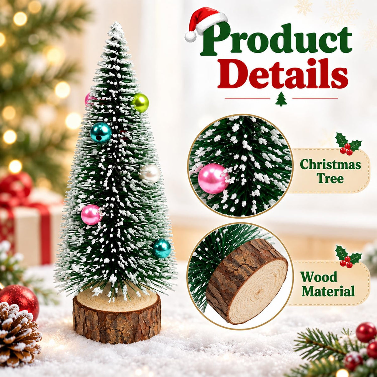 HASTHIP 2-Piece 15cm Mini Christmas Trees with Frosted Sisal, Bead Ornaments and Wood Bases