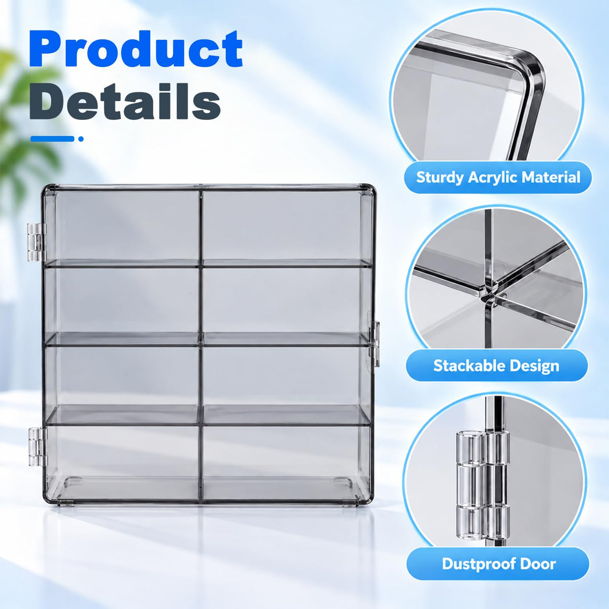 HASTHIP 8-Slot Grey Transparent Car Display Case for 1/64 Scale Cars, Stackable and Wall-Mountable