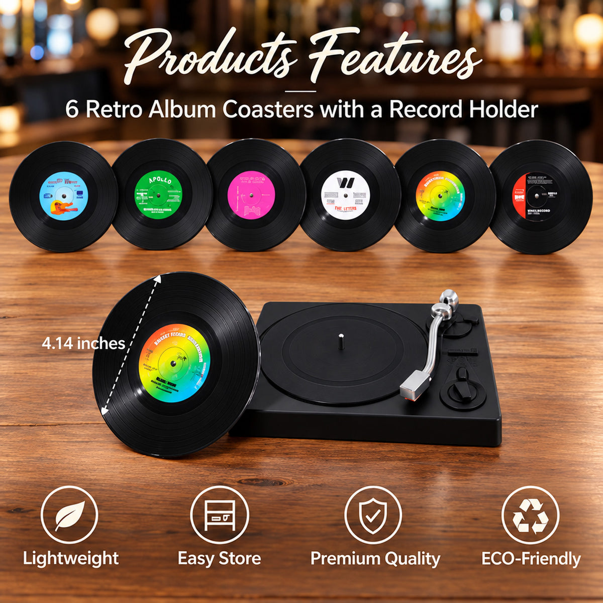 HASTHIP Retro Vinyl Record Coaster Set with Six 10cm Coasters and Record Player Holder