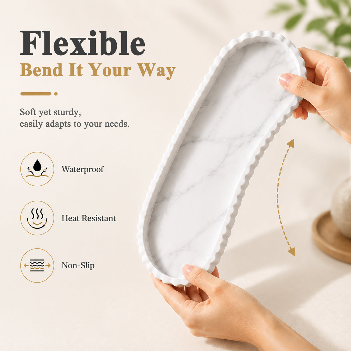 HASTHIP Silicone Vanity Tray with White Marble Look, Lace Edge and Easy-Wipe Surface for Home