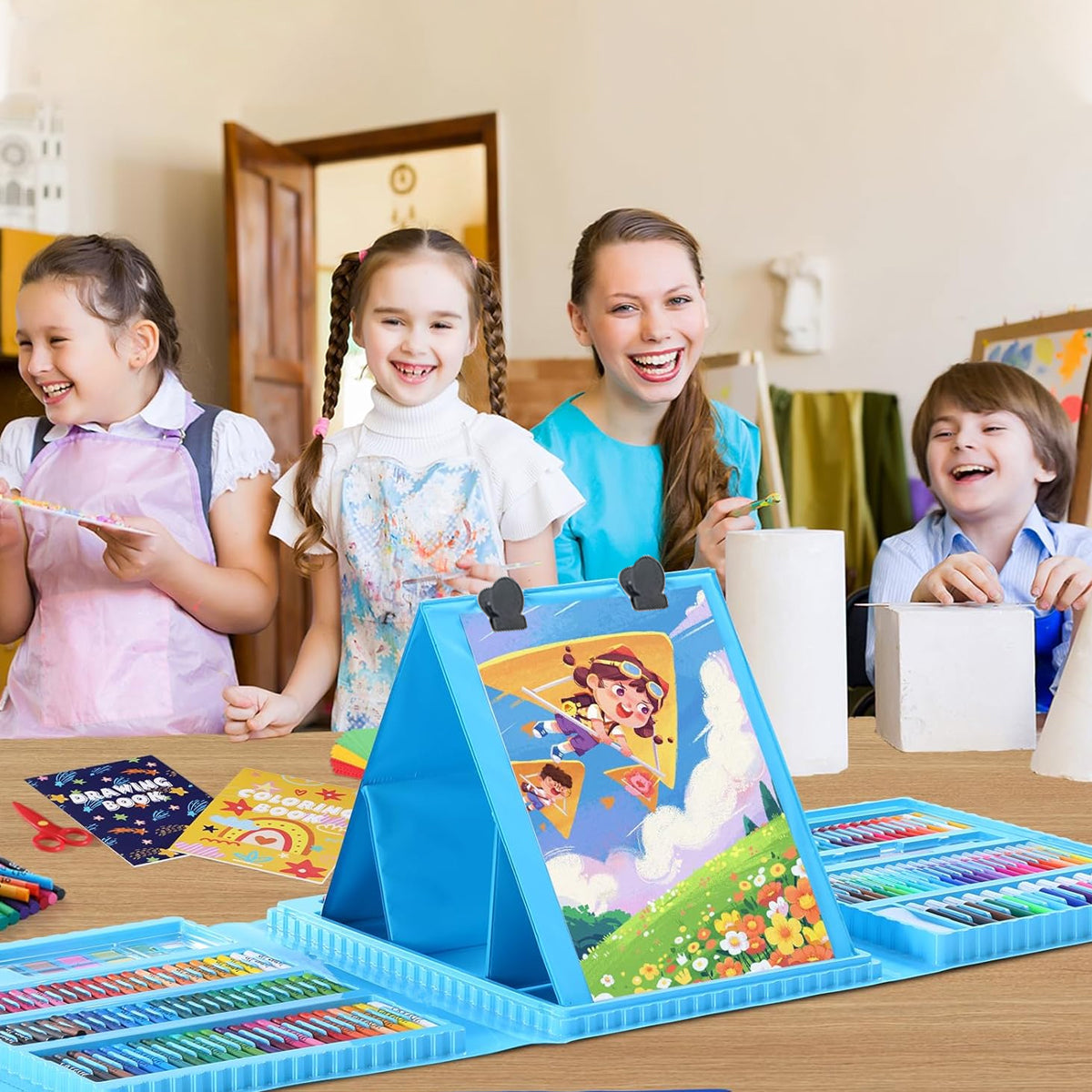 HASTHIP® 208 Pcs Kids Art Painting Kit Colour Set Painting Art Kit Art Set for Kids with Built In Folding Easel Crayons Color Pencil Pastels Multi Color Water Soluble Color Pens Birthday Gift for Kids