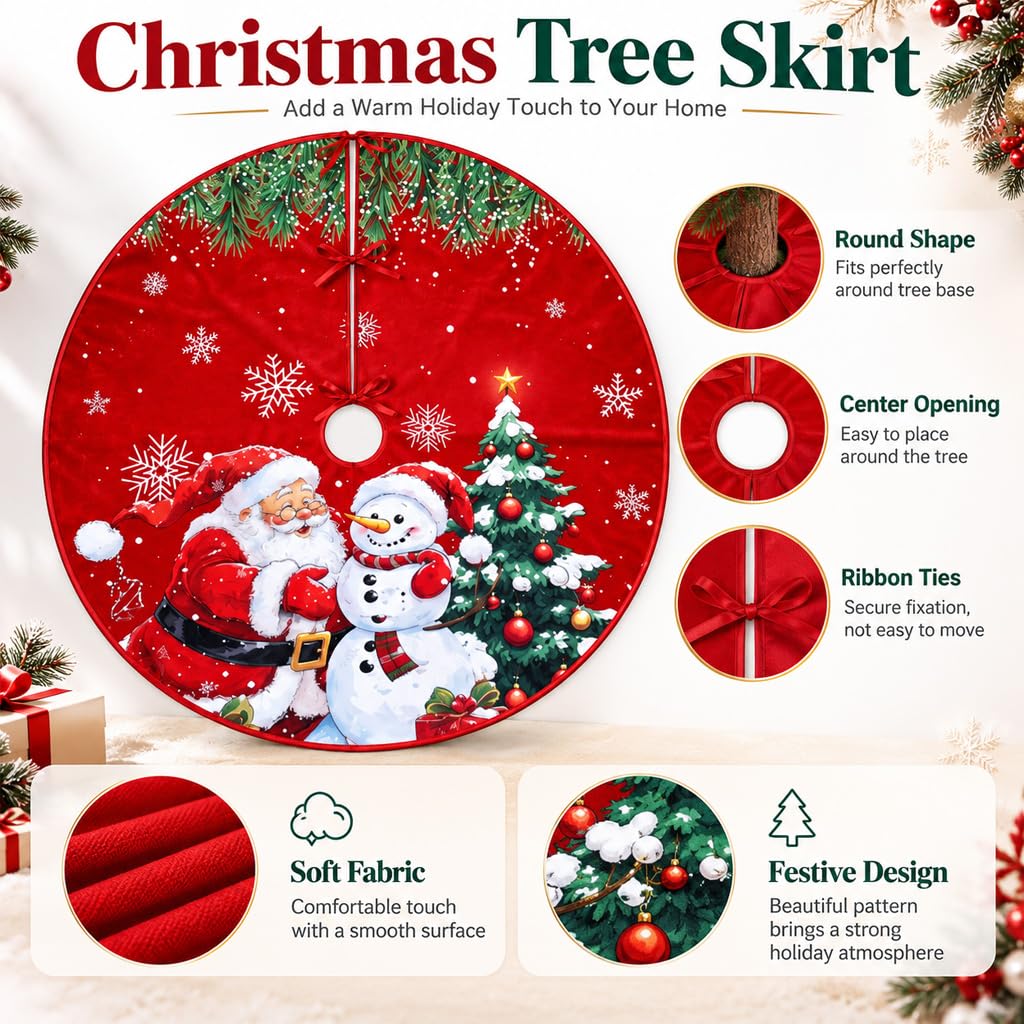 HASTHIP Christmas Tree Skirt, 35 Pulgadas (89 cm), Red Plush with Snowman and Snowflake Prints