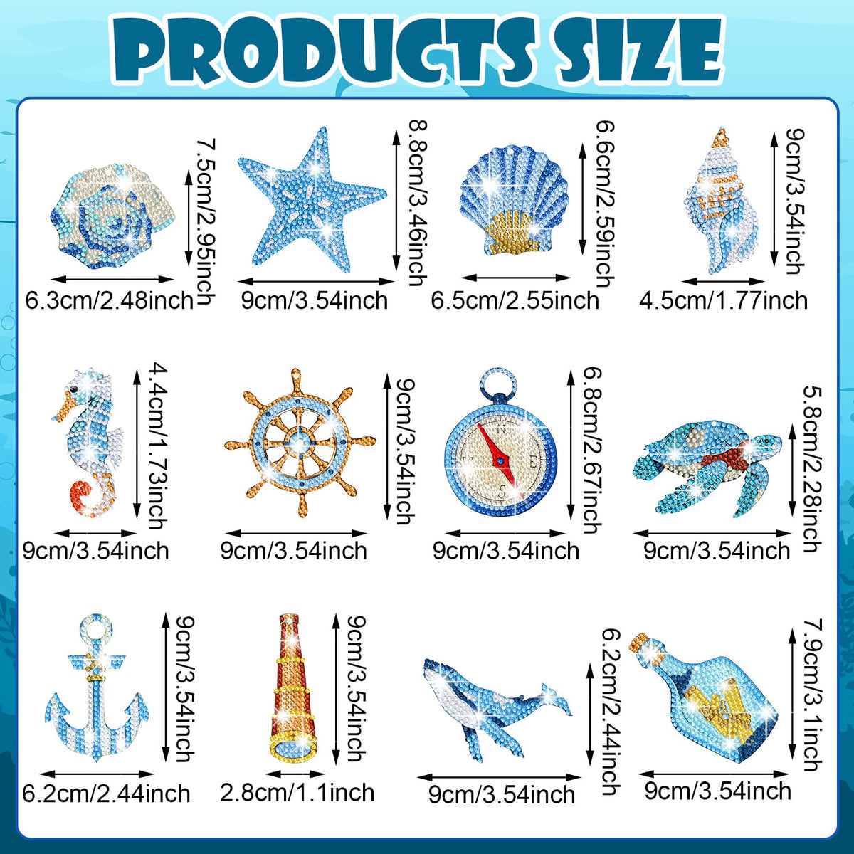HASTHIP 12-Piece 5D Diamond Painting Keychain Kit with Acrylic Bases and Ocean Designs