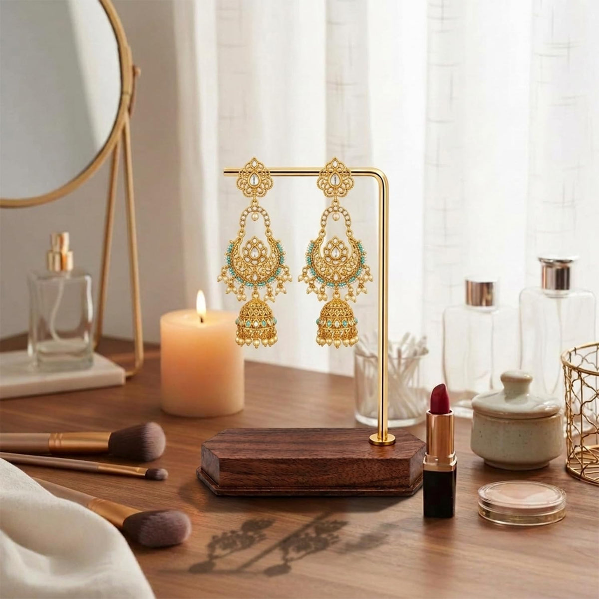 HASTHIP Earring Display Stand with Metal Frame, Wooden Base and Bronze Finish, 11.5 cm Tall