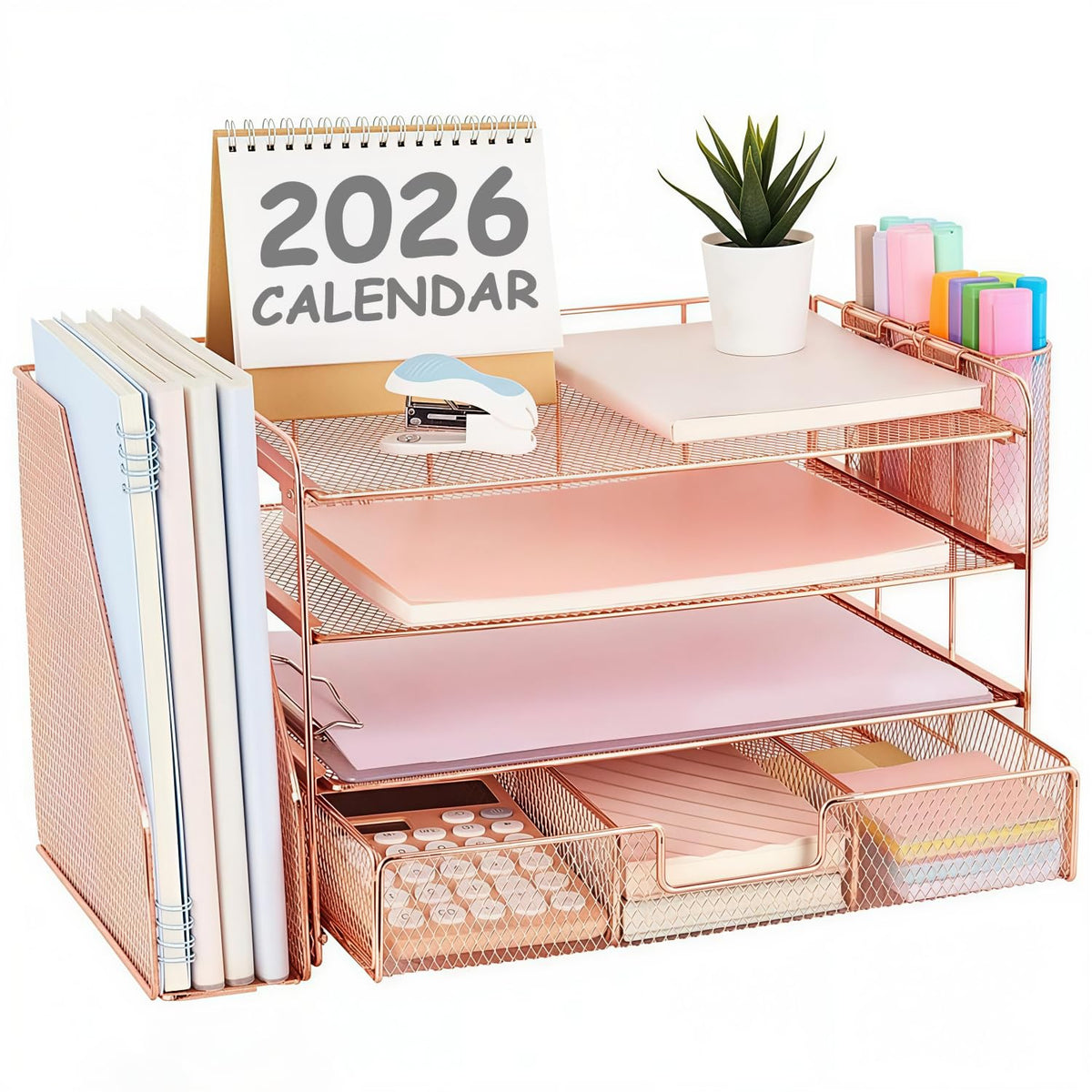 HASTHIP 4-Tier Desk Organizer with Metal Mesh File Holder, Trays, Pen Compartments and Drawer