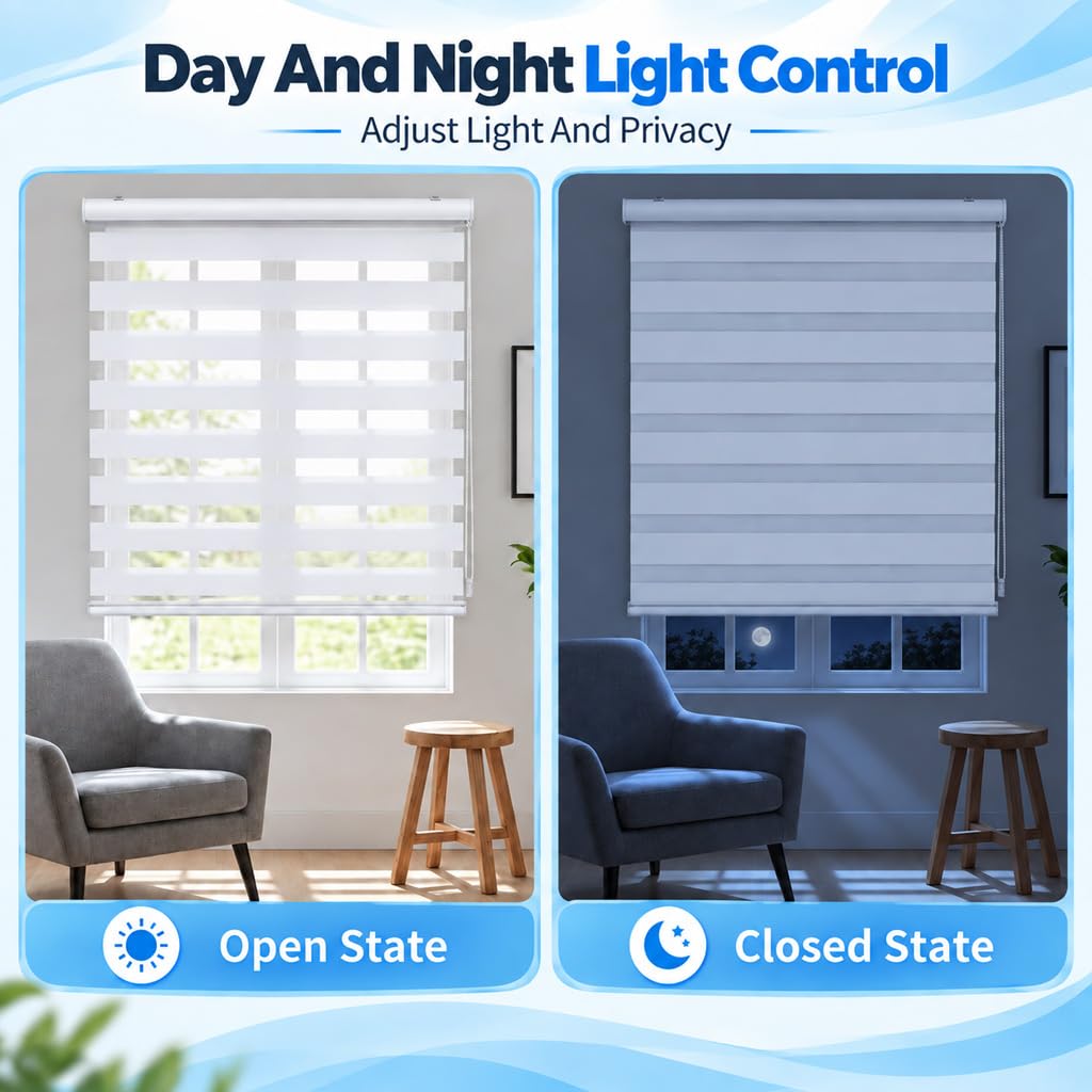 HASTHIP 27 x 51-Inch Cordless Zebra Blind for Windows, Double-Layer White Light Control