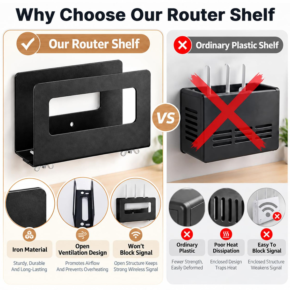 HASTHIP Adhesive Router Wall Shelf in Black Steel with Ventilation and Drill-Free Space-Saving Design