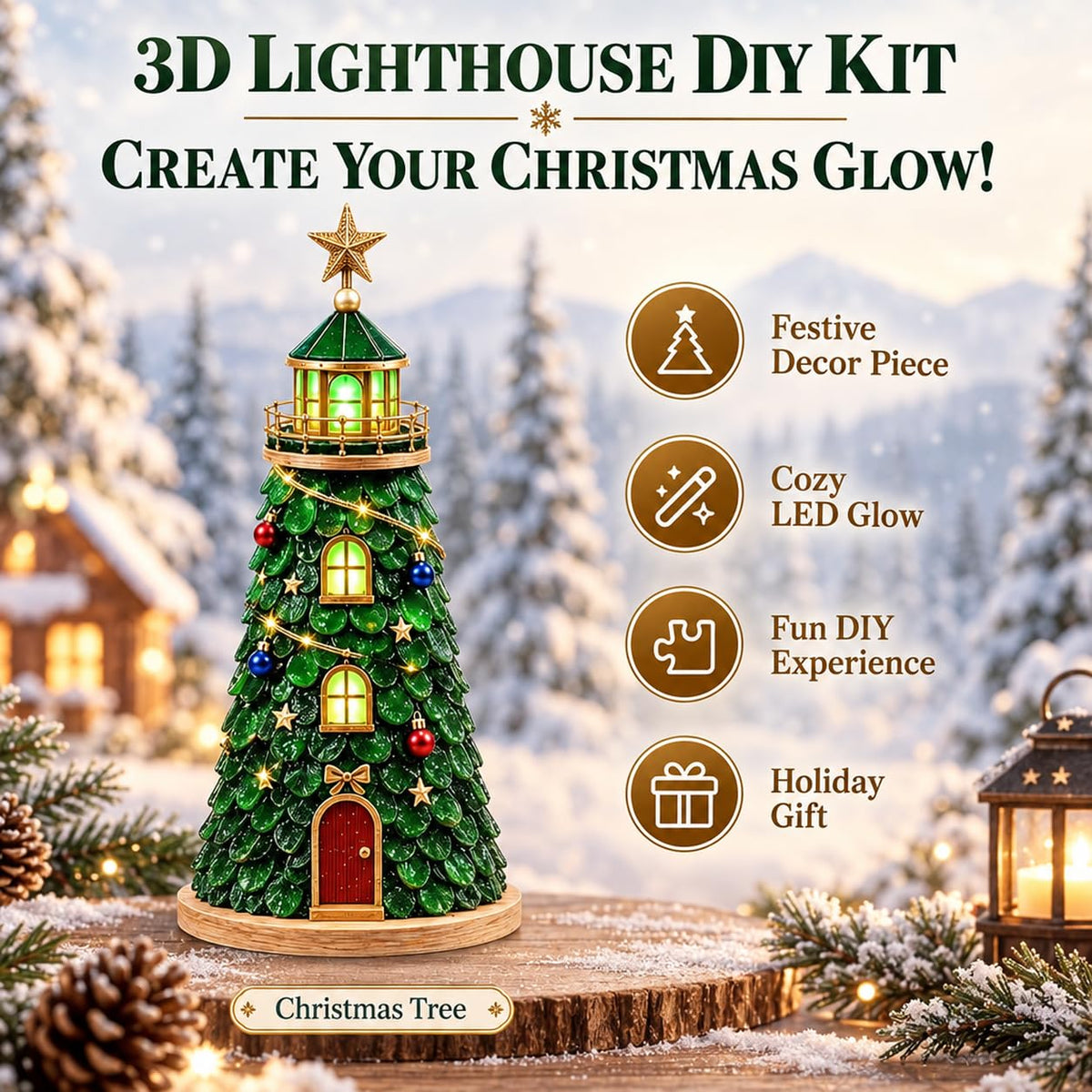 HASTHIP DIY Mosaic Lighthouse Building Kit with Warm LED Light for Christmas Tabletop Decor