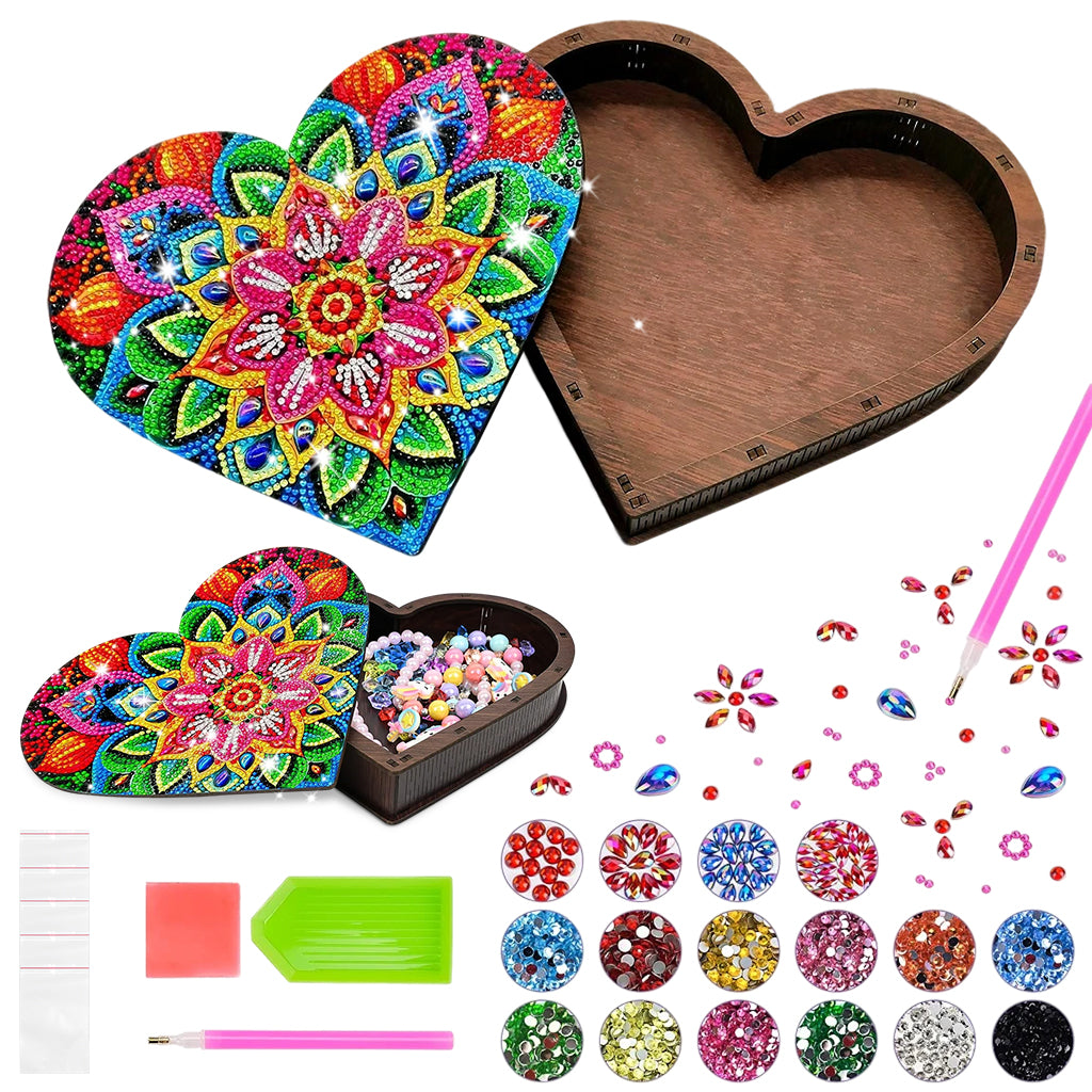 HASTHIP® DIY Diamond Paint Art Kit Colorful Mandala Flower Wooden Jewelry Box Assembly Empty Heart-shaped Wooden Storage Organizer DIY Diamond Paint Gift Box Christmas Gift Birthday Gift, 22x20x4cm